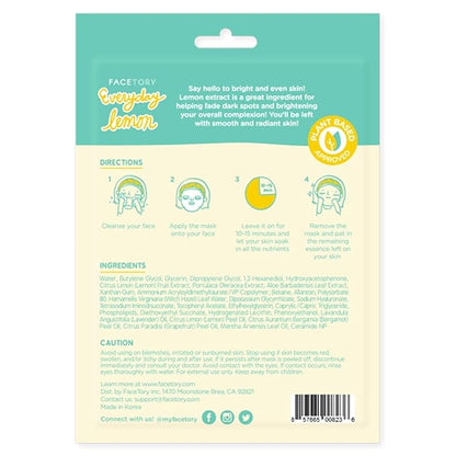 FACETORY K Beauty Face Mask Skin Care - Everyday LEMON Brightening Sheet Mask | Plant-Based with