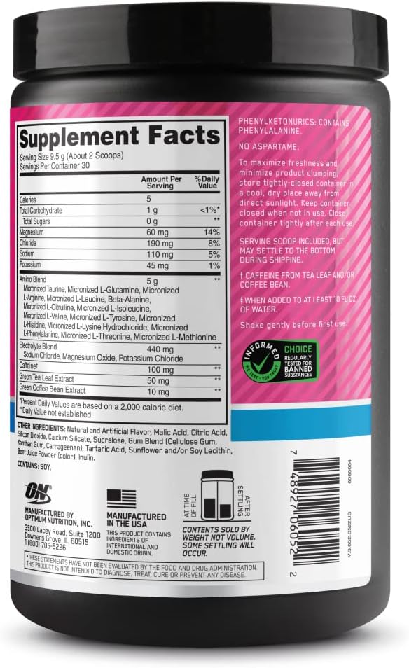 Optimum Nutrition Amino Energy Powder Plus Hydration, with BCAA, Electrolytes, and Caffeine