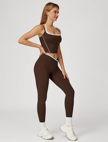 ABOCIW Workout Sets for Women 2 Piece Color Block Strappy Sports Bra High Waist Leggings Gym Yoga