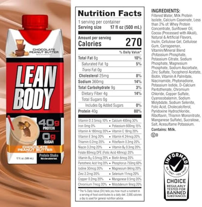 Lean Body Ready-to-Drink Protein Shake, 40g Protein, Whey Blend, 0 Sugar, Gluten Free, 22 Vitamins