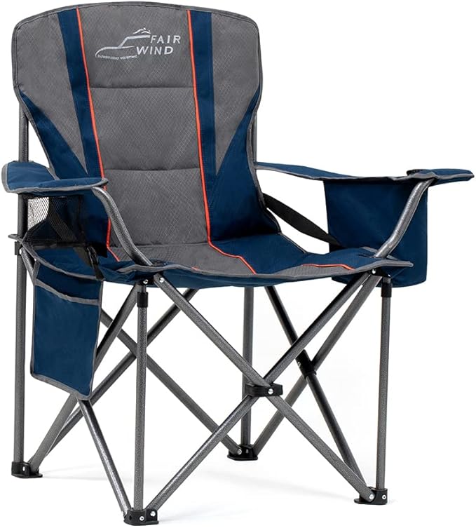 FAIR WIND Oversized Fully Padded Camping Chair with Lumbar Support, Heavy Duty Quad Fold Arm Chair