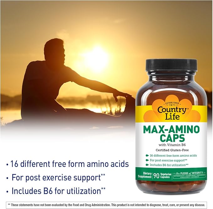 Country Life Maxi-Amino with 16 Free Form Amino Acids, 90 Vegetarian Capsules, Certified Gluten