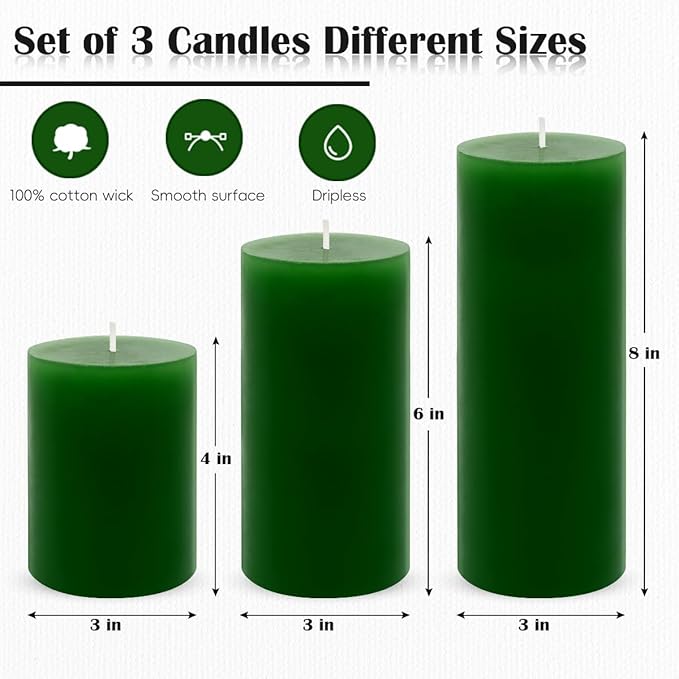 3 Packs Different Size Green Pillar Candles, Unscented Non-Toxic Dripless 3x4, 3x6, 3x8 Inch Solid