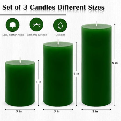 3 Packs Different Size Green Pillar Candles, Unscented Non-Toxic Dripless 3x4, 3x6, 3x8 Inch Solid