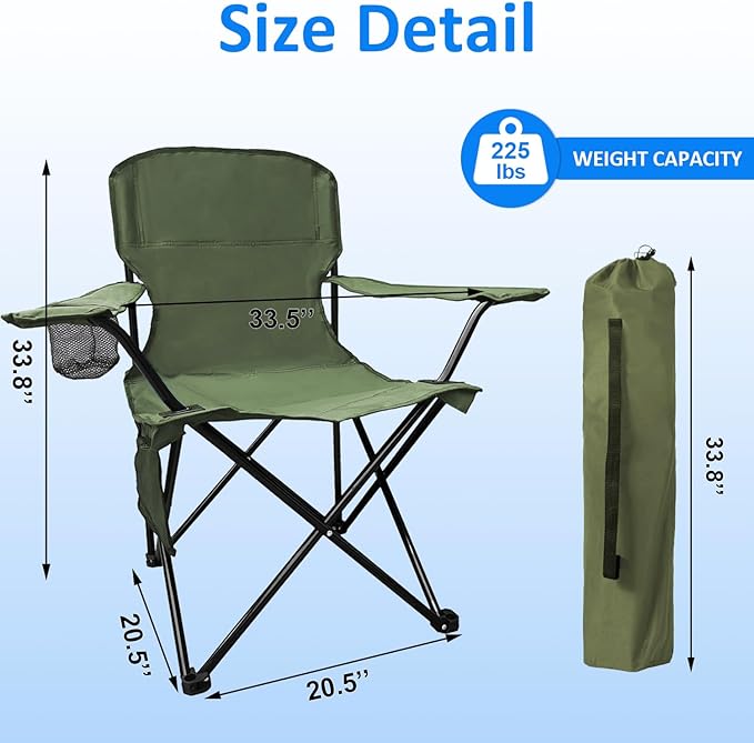 Folding Camping Chair, 225lb Capacity, Includes Cup Holder & Side Storage Bag, 5.5lbs Portable for