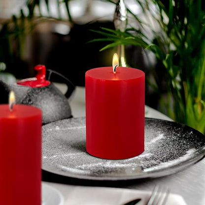 Red Pillar Candles Set of 3 - Dripless Unscented - 3x4, 3x6 & 3x8 inches Decorative Candles for