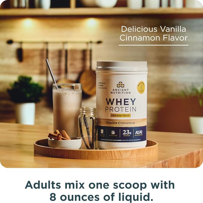 Ancient Nutrition Grass Fed Whey Protein + Fat Loss Blend, Vanilla Cinnamon, 23g Protein, Promotes