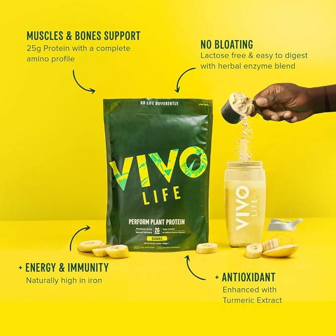 Vivo life Perform Plant Protein Powder - Pea & Hemp Protein Blend with BCAA (34.85 oz, Banana &