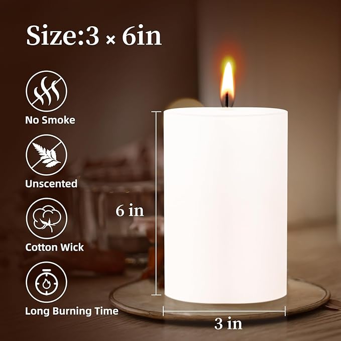 KONNI White Pillar Candles Set of 3, 3"x 6" Unscented Pillar Candles Bulk, 56 Hours Long Burning