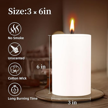 KONNI White Pillar Candles Set of 3, 3"x 6" Unscented Pillar Candles Bulk, 56 Hours Long Burning