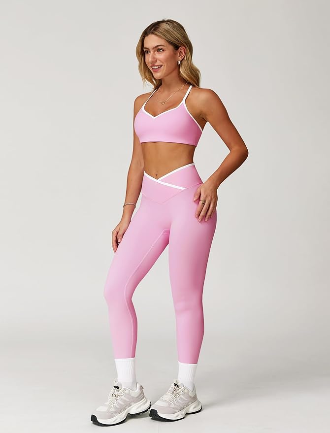 ABOCIW Workout Sets for Women 2 Piece Color Block Strappy Sports Bra High Waist Leggings Gym Yoga