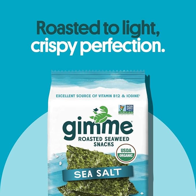 gimMe Organic Roasted Seaweed Sheets, Sea Salt, Keto, Vegan, Gluten Free, Great Source of Iodine