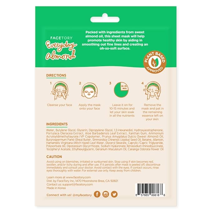FACETORY K Beauty Face Mask Skin Care - Everyday ALMOND Skin Strengthening Sheet Mask | Plant-Based