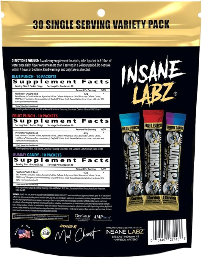 Insane Labz Psychotic Gold, High Stimulant Pre Workout Powder, Extreme Lasting Energy Focus, Pumps