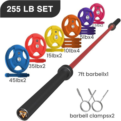 7FT Olympic Barbell Bar with Weight Plate Set Combo, Solid Olympic Bar with Bearings, 700Lbs