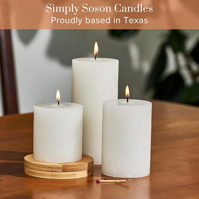 Simply Soson 3x6 inch White Pillar Candles Set of 3, Rustic Texture, Unscented White Candles