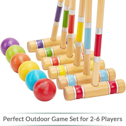 ApudArmis Six Player Croquet Set with Premiun Rubber Wooden Mallets 28In,Colored