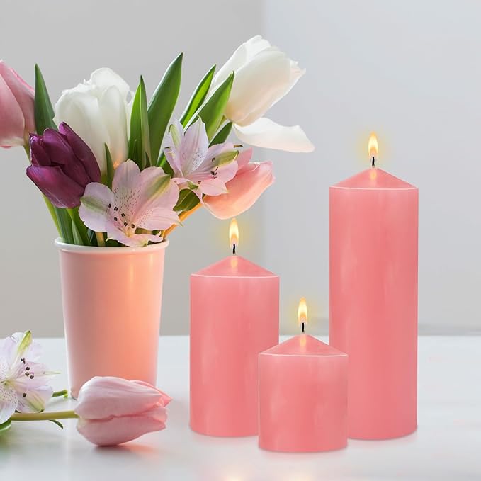 Pillar Candle 3 x 4,6 and 8 inch, Large Handmade Candle Set 3, Pink Decorative Candle for Wedding