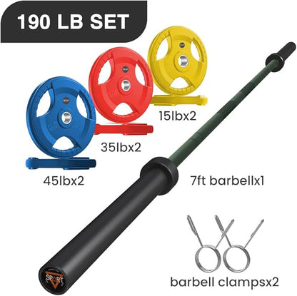 7FT Olympic Barbell Bar with Weight Plate Set Combo, Solid Olympic Bar with Bearings, 700Lbs