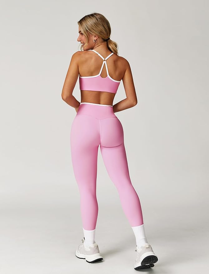 ABOCIW Workout Sets for Women 2 Piece Color Block Strappy Sports Bra High Waist Leggings Gym Yoga