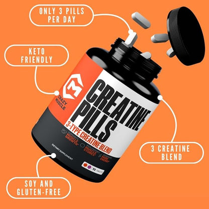 Crazy Muscle, Creatine Pills, 5g 3X Pure Creatine Monohydrate, Pre Workout Bulk Muscle Mass Gainer
