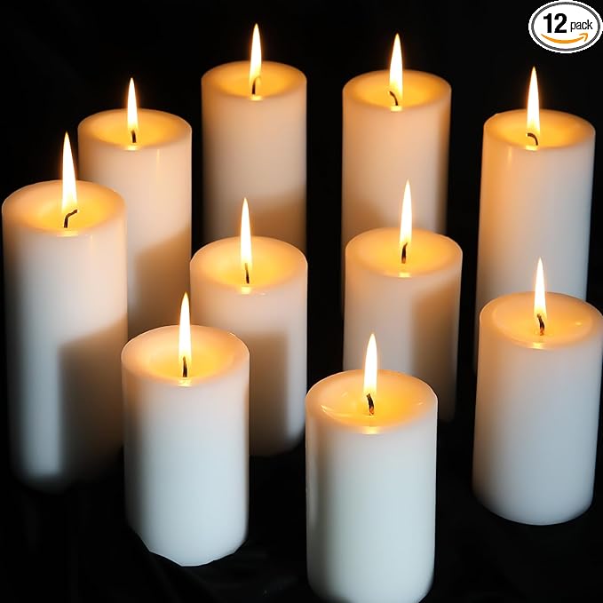 12 White Pillar Candles, 3x4 Inches Unscented Pillar Candles for Home,Wedding,Church, Dripless and