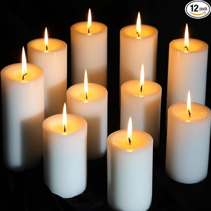 12 White Pillar Candles, 3x4 Inches Unscented Pillar Candles for Home,Wedding,Church, Dripless and