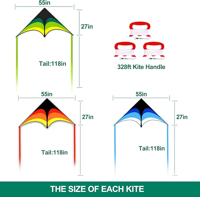 Mint's Colorful Life 3 Pack Delta Kites for Kids & Adults, Easy to Fly Large Kite Set for