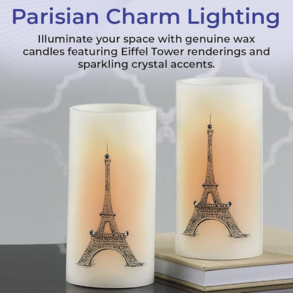 SAGEFINDS Eiffel Tower LED Candles, Set of 2, Flameless Real Wax Pillar Candles, Battery Operated