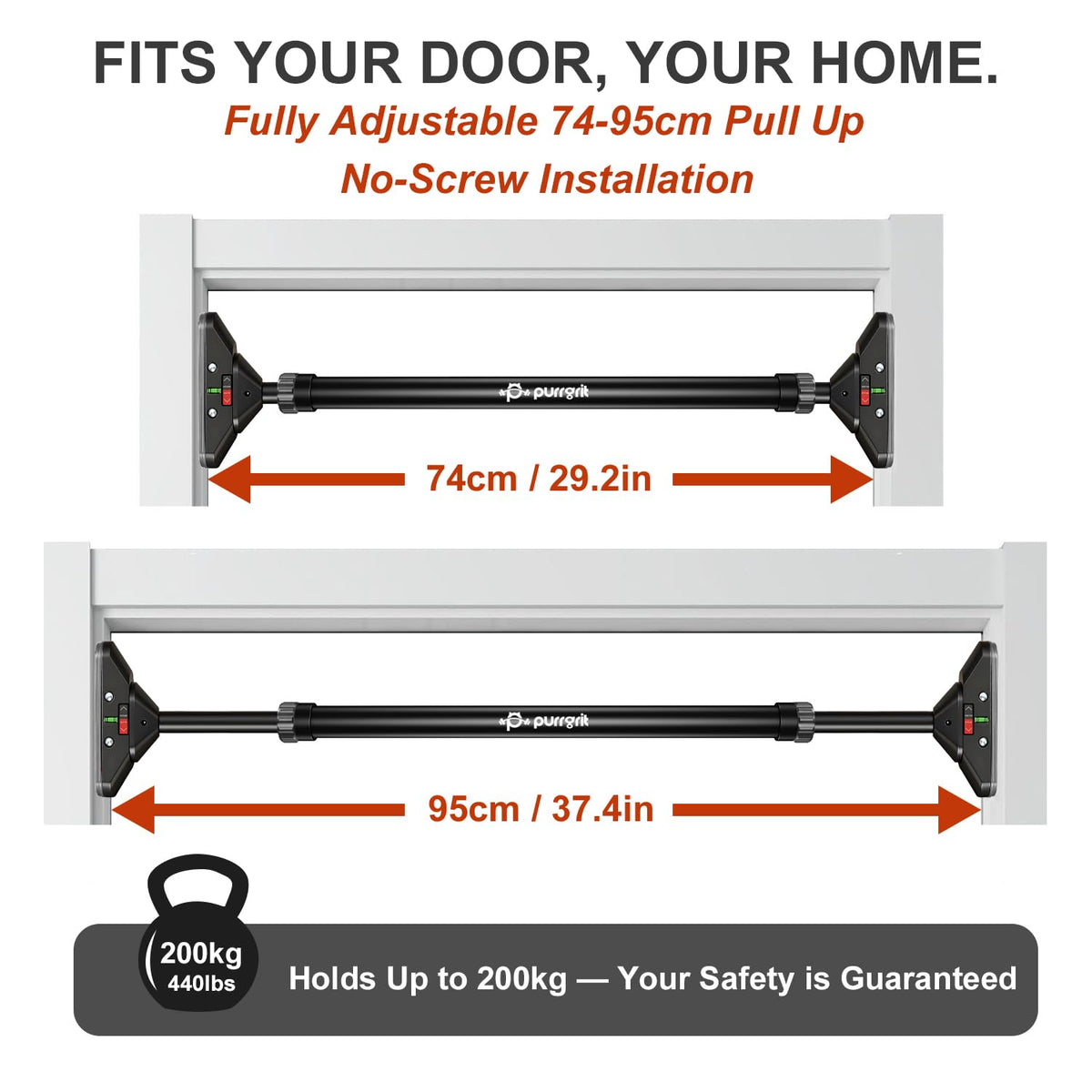 PURRGRIT Adjustable Doorway Pull Up Bar No-Screw 440lbs