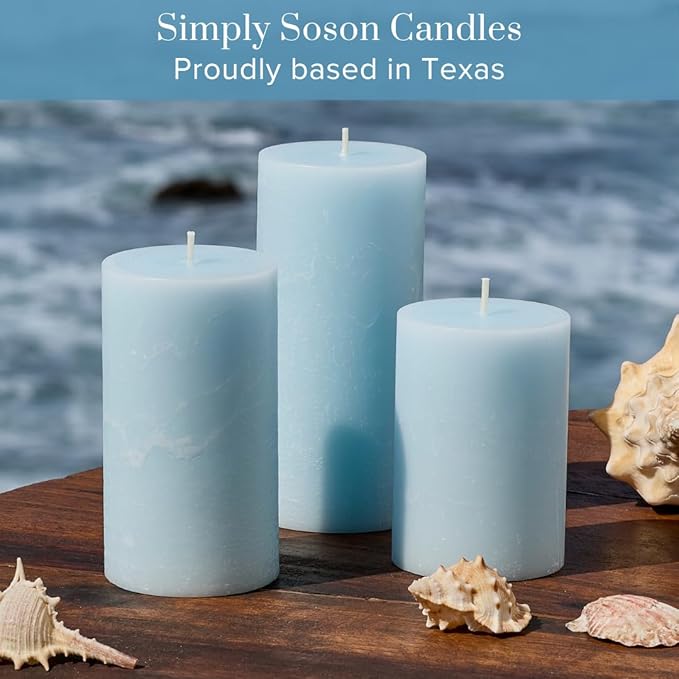 Simply Soson 3x4, 3x6, 3x8 inch Light Blue Pillar Candles, Set of 3 Pillar Candles, Rustic Texture
