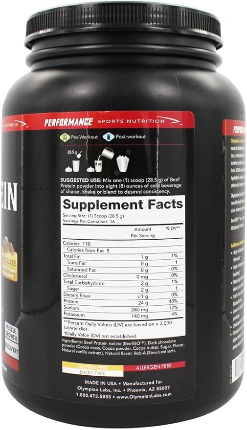Olympian Labs Beef Protein Isolate Powder, 24g Protein, BST Free, 2 Grams BCAA's, Muscle Building