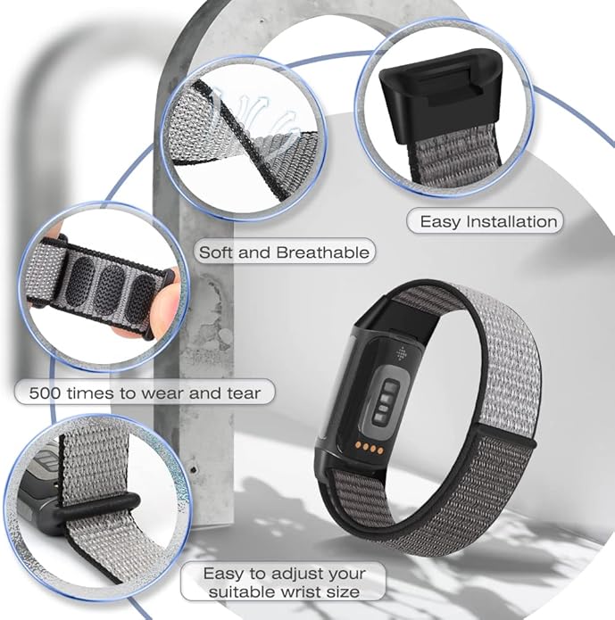 Sport Loop Nylon Watch Bands Compatible with Fitbit Charge 6/5, Adjustable Breathable Replacement