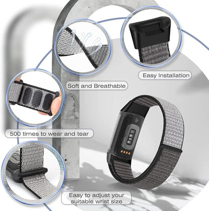 Sport Loop Nylon Watch Bands Compatible with Fitbit Charge 6/5, Adjustable Breathable Replacement