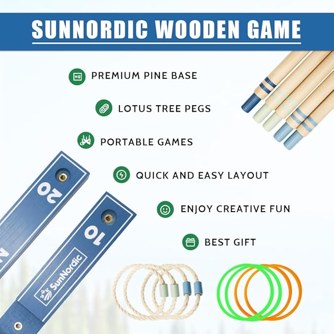 Wooden Ring Toss Game Set, Backyard Beach Camping Game with Toss Rings & Portable Carrying Bag