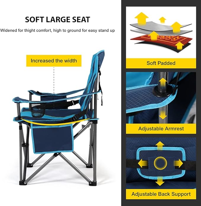 FAIR WIND Oversized Fully Padded Camping Chair with Lumbar Support, Heavy Duty Cooler Bag Fold