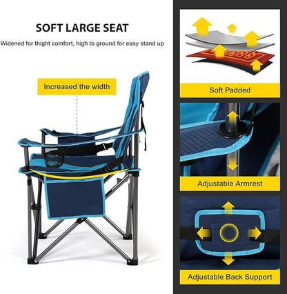 FAIR WIND Oversized Fully Padded Camping Chair with Lumbar Support, Heavy Duty Cooler Bag Fold