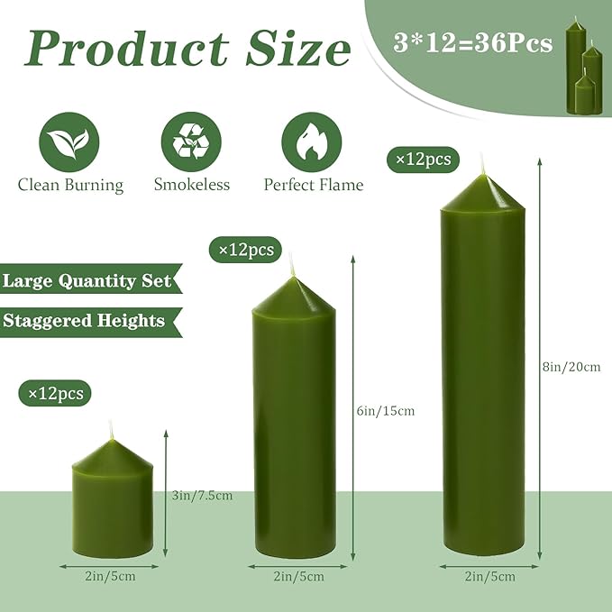 36 Pcs Green Pillar Candles Bulk Set，Hurricane Candlesï¼? Different Lengths (12 Each)，Dripless