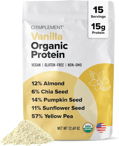 Complement Organic Vanilla Vegan Protein Powder (15 Servings) Low Carb, Low Calorie, Sugar Free