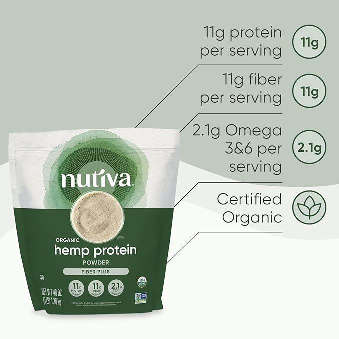 Nutiva USDA Organic Cold-Pressed Hemp Seed Plant Protein Power, 3 Pound, Fiber Plus with Essential