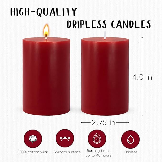 6 Packs Dripless Red Colored Pillar Candles, Unscented 2.75x4 Inch Burgundy Cylinder Wax Candles
