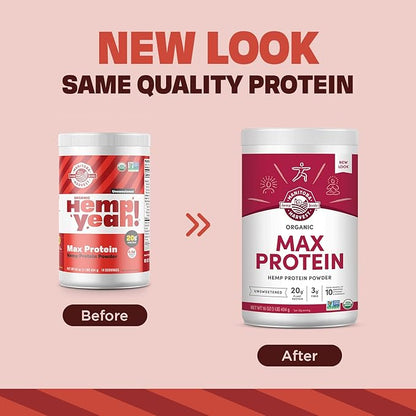 Manitoba Harvest Hemp Yeah Organic Max Protein Powder, Unsweetened, 16oz, with 20g Protein and 4.5g
