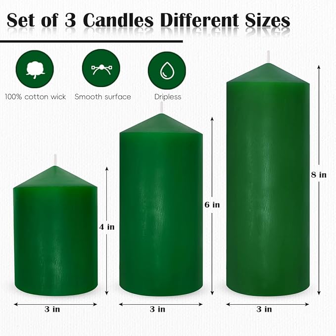 Set of 3 Different Size Green Pillar Candles, Unscented Dripless Large 3x4 3x6 3x8 Inch Long
