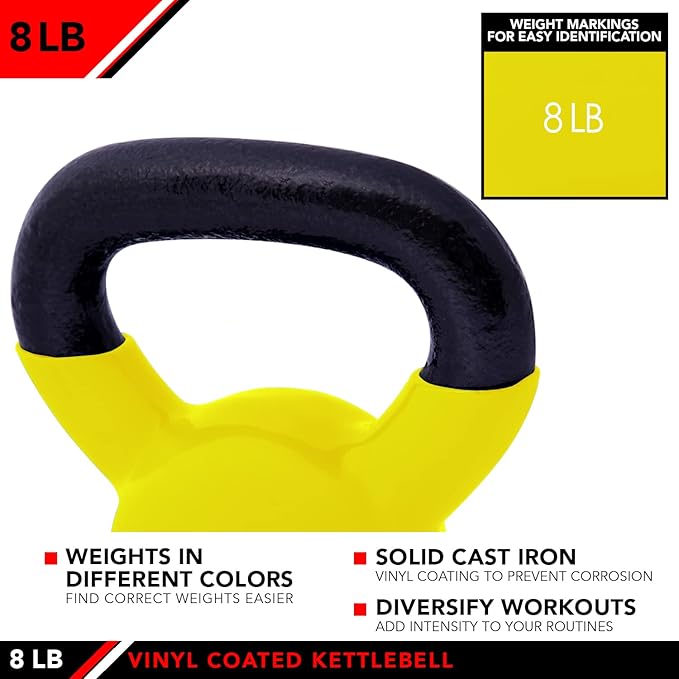 JFIT Kettlebell Weights Vinyl Coated Iron - 12 Size Options, 5lbs-50lbs - Coated for Floor and