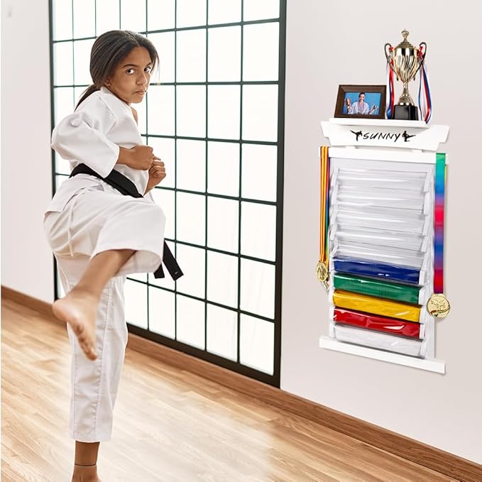 Tilhumt 12/10 Belts Karate Belt Display Rack with Stickers, Taekwondo Belt Display with