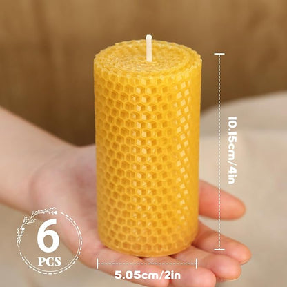6 Packs Natural Beeswax Candles, Hand Rolled Honeycomb Beeswax Pillar Candles, Pure Bee Wax Gifts