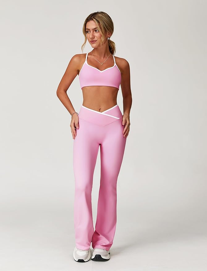 ABOCIW Workout Sets for Women 2 Piece Color Block Strappy Sports Bra High Waist Leggings Gym Yoga