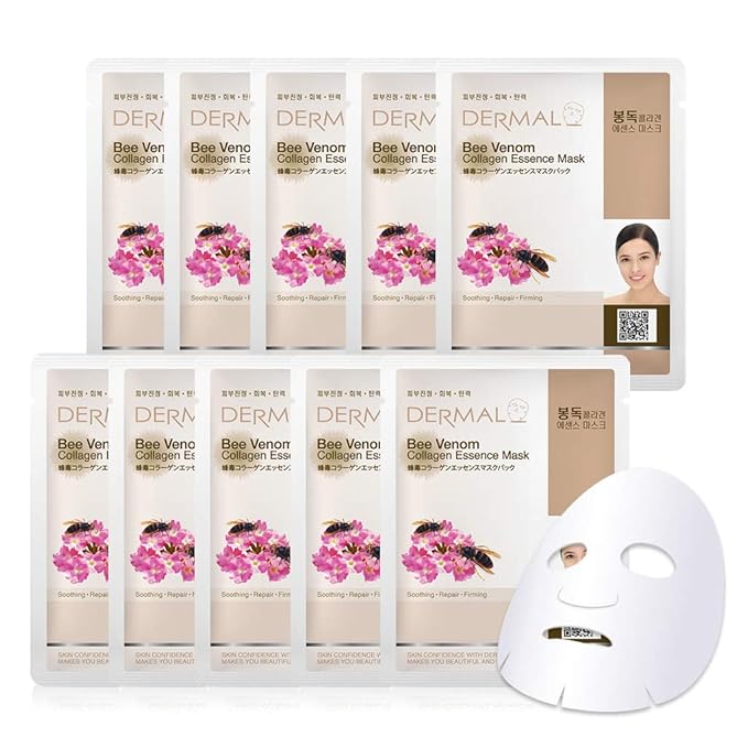 DERMAL Bee Venom Collagen Essence Korean Facial Mask Sheet Pack of 10 - Soothing and Hydrating