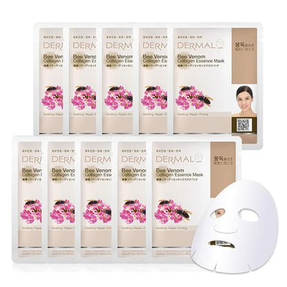 DERMAL Bee Venom Collagen Essence Korean Facial Mask Sheet Pack of 10 - Soothing and Hydrating