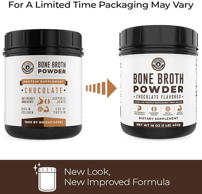 16oz Chocolate Bone Broth Protein Powder From Grass Fed Beef - Non-GMO Ingredients, Gut-Friendly